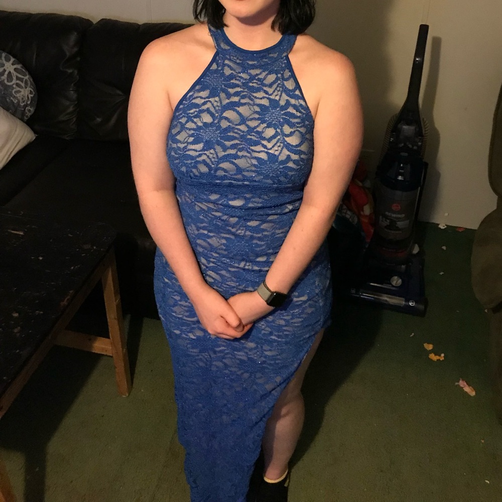 Dark blue formal dress.